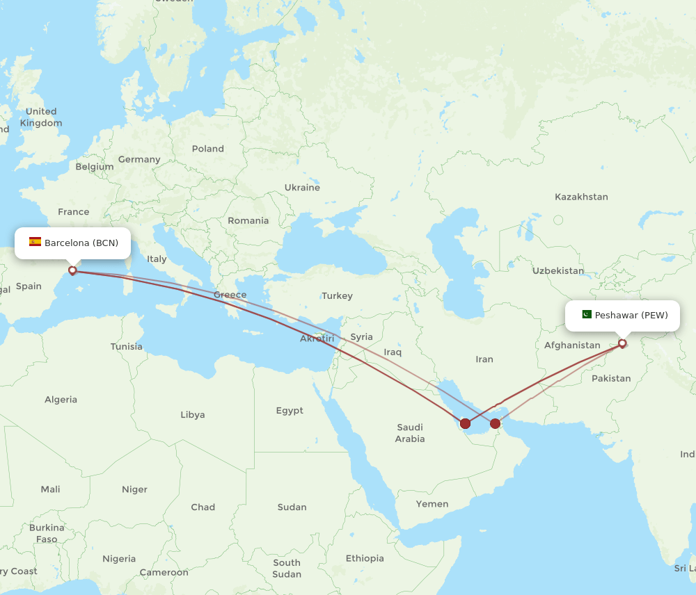 PEW-BCN flight routes