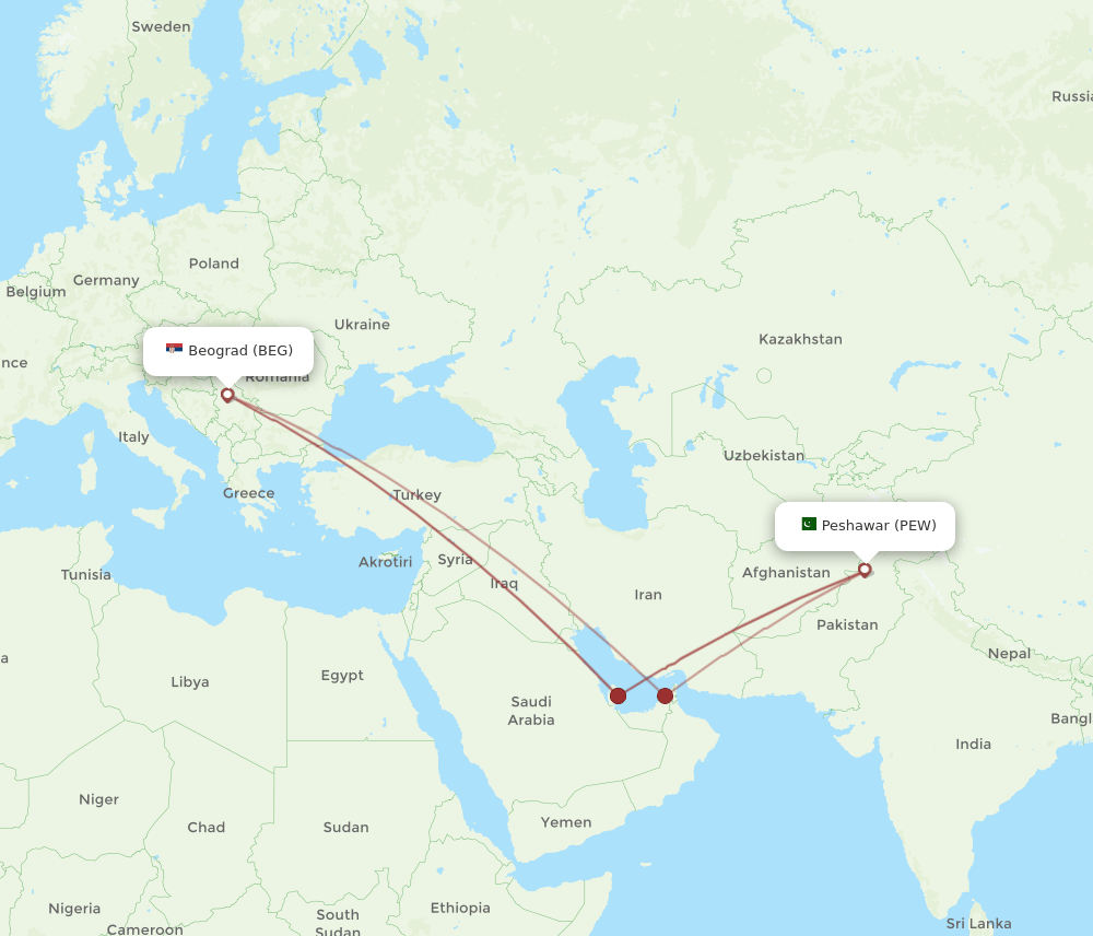 PEW to BEG flights and routes map