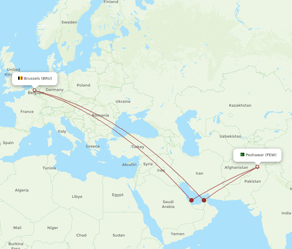 PEW-BRU flight routes