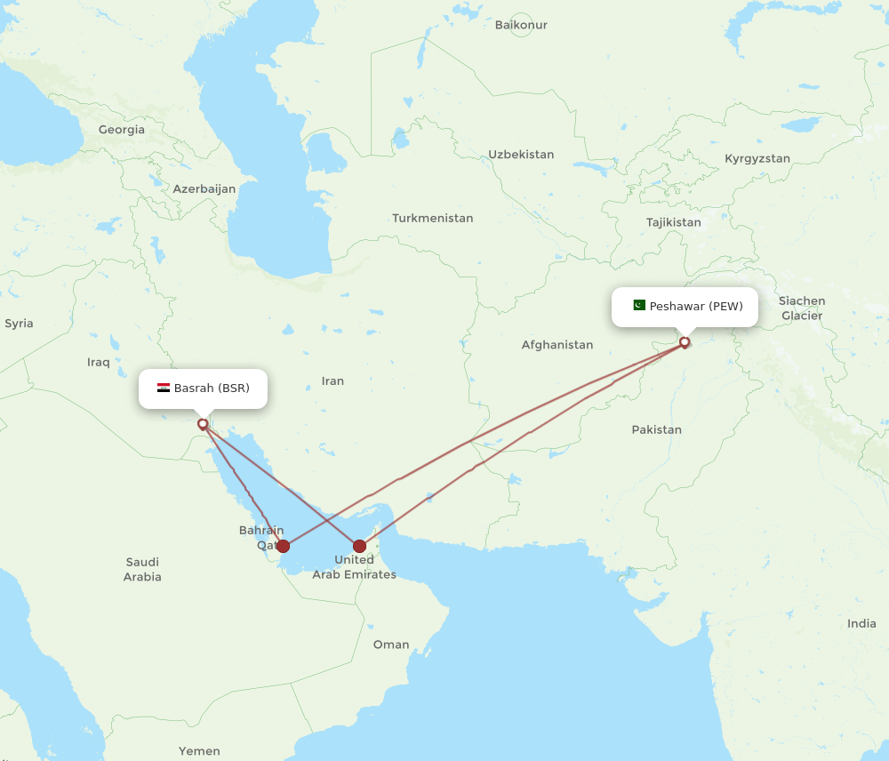 PEW-BSR flight routes