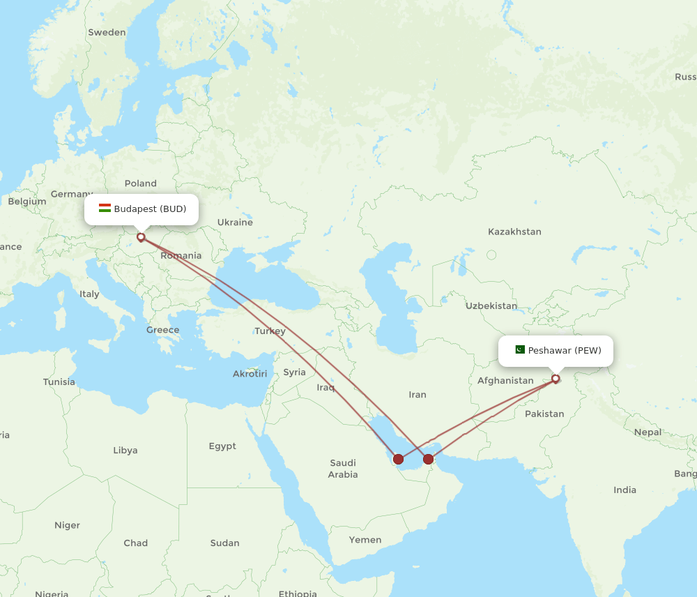 PEW-BUD flight routes