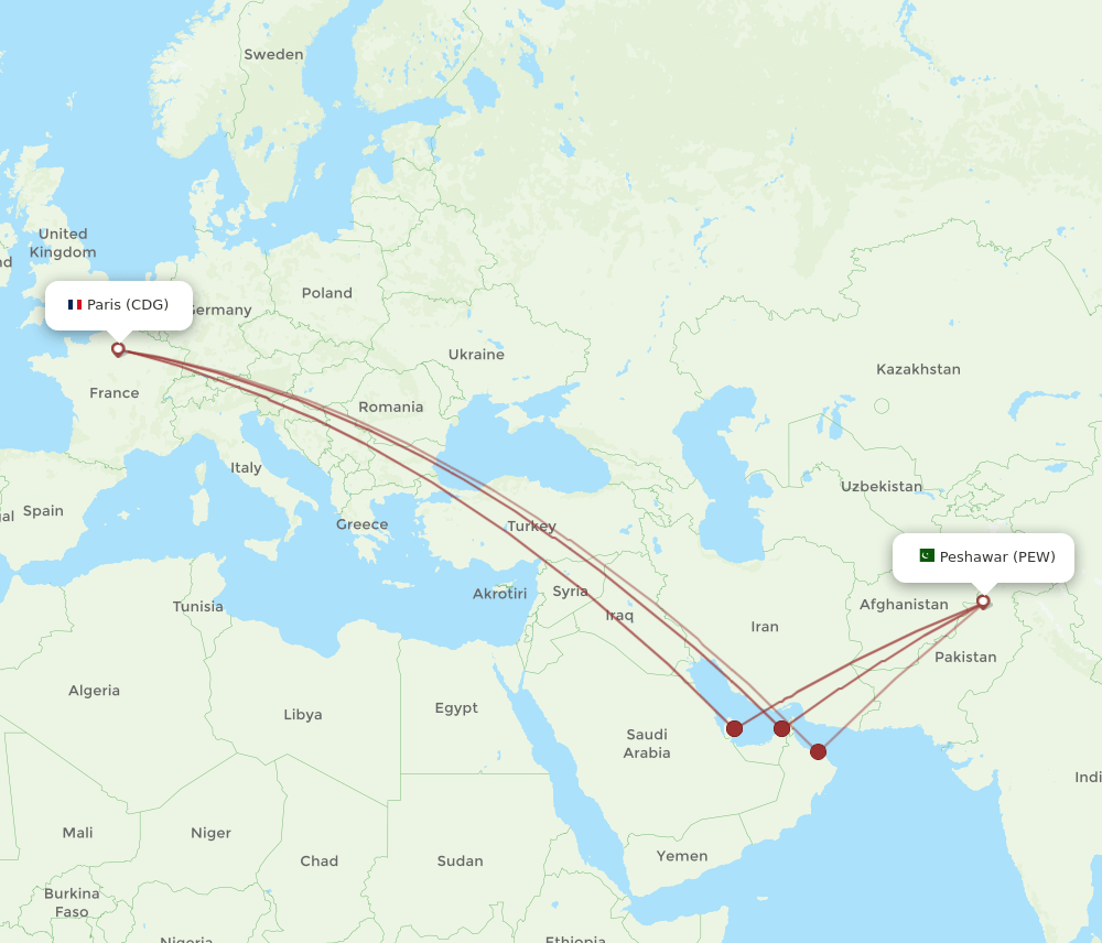PEW to CDG flights and routes map