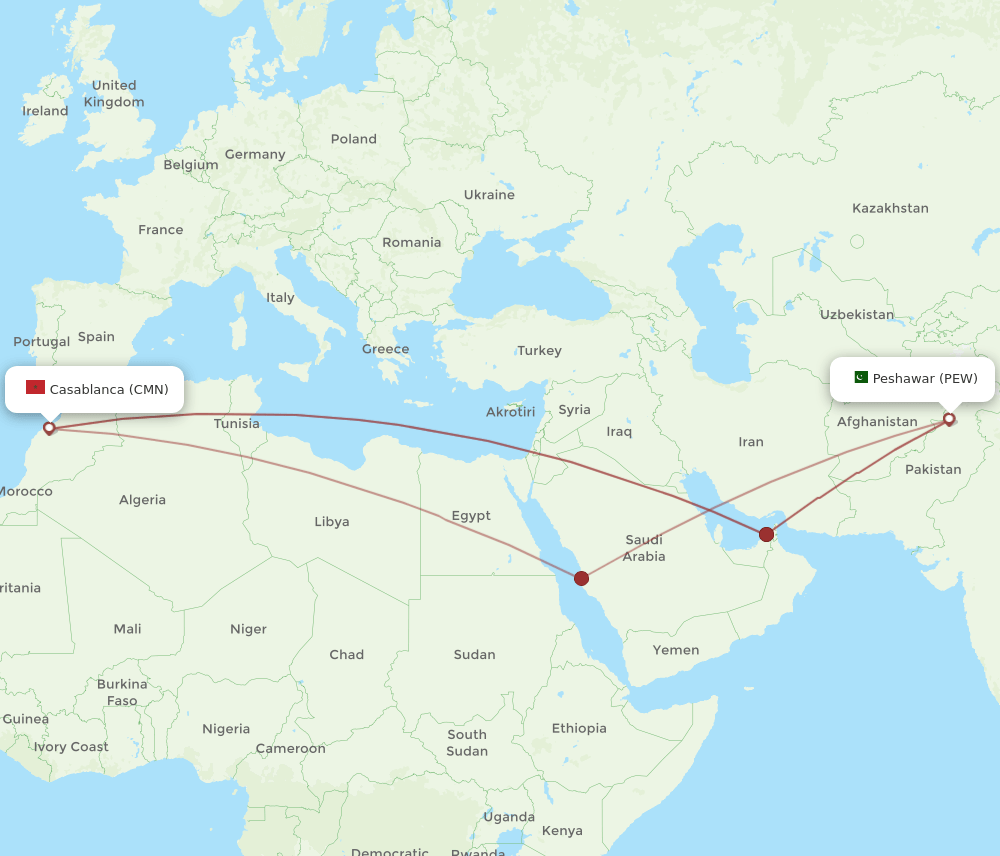 PEW-CMN flight routes