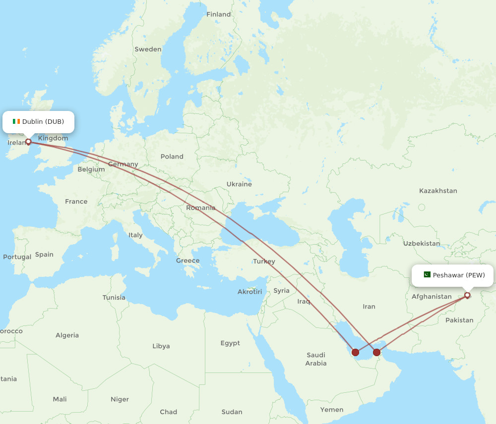 PEW-DUB flight routes