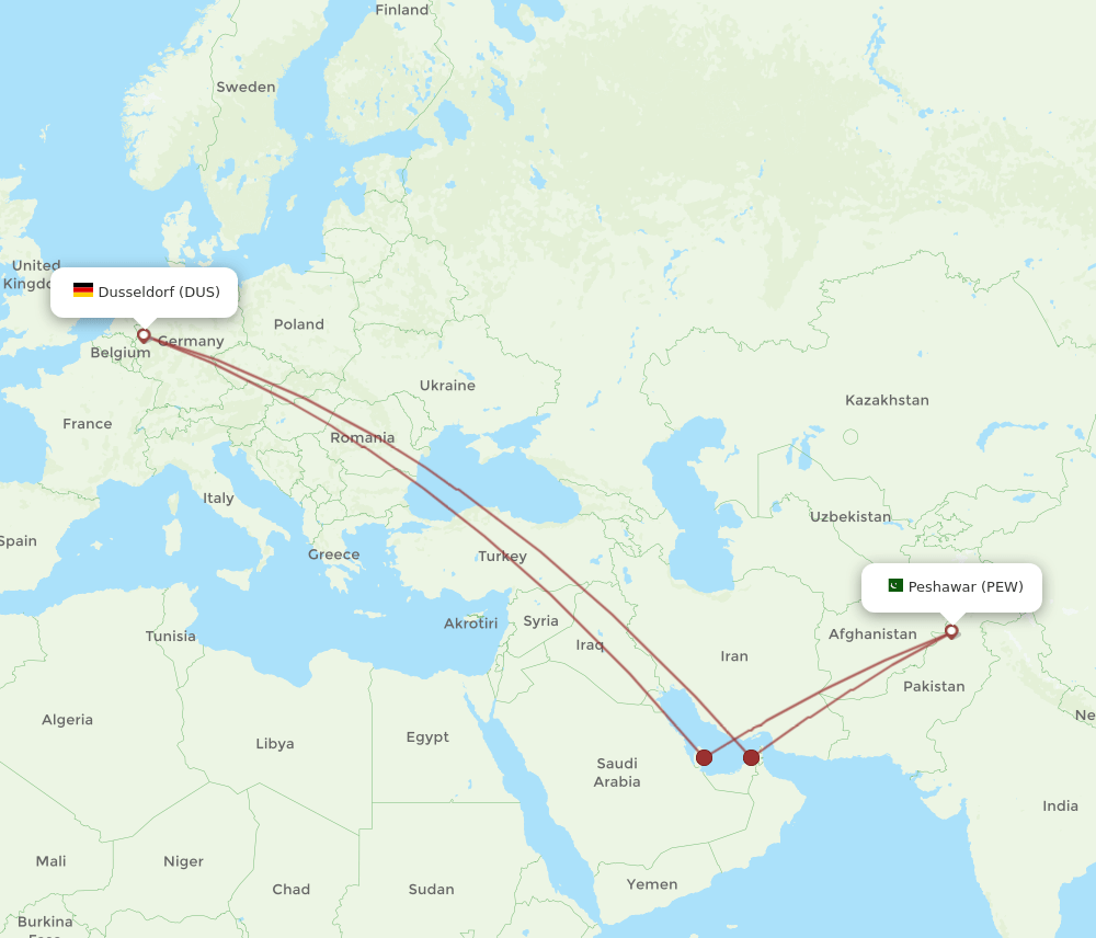 PEW to DUS flights and routes map