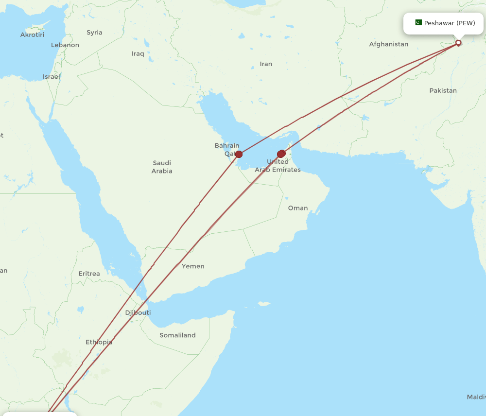 PEW to EBB flights and routes map