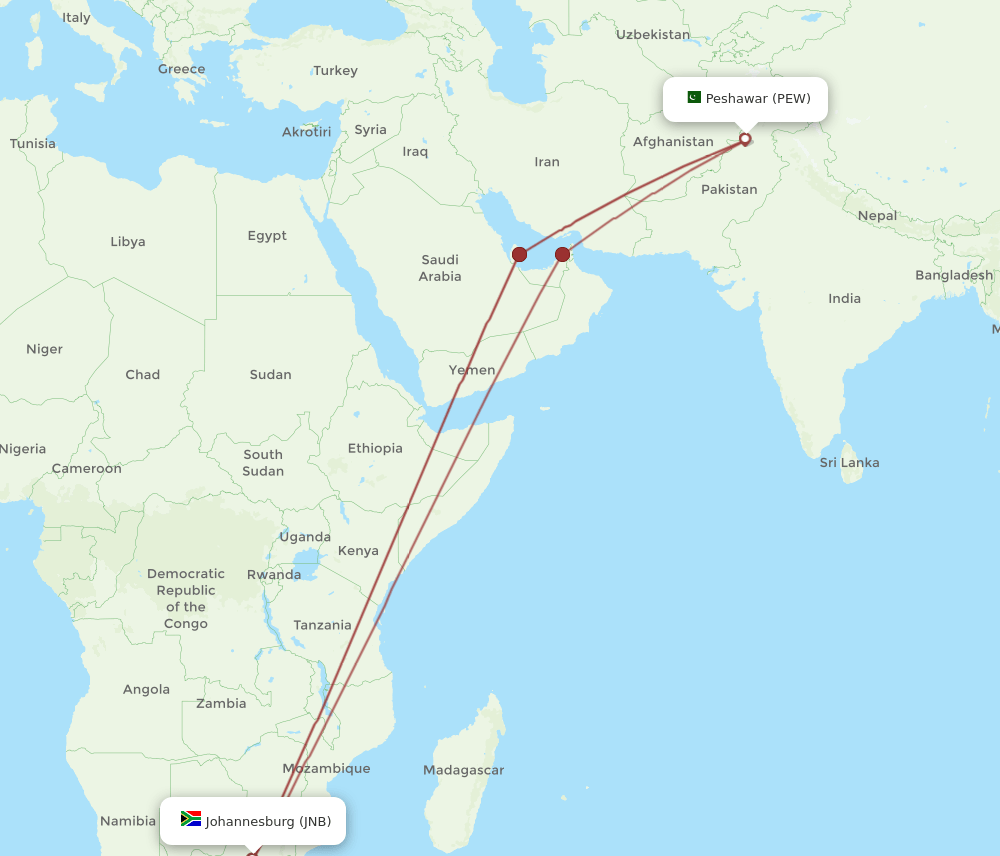 PEW-JNB flight routes