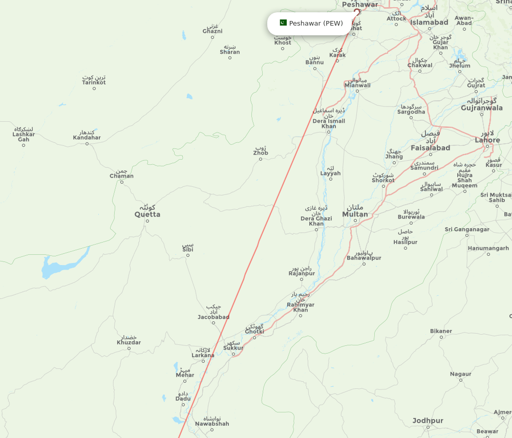 Peshawar - Karachi route map and flight paths