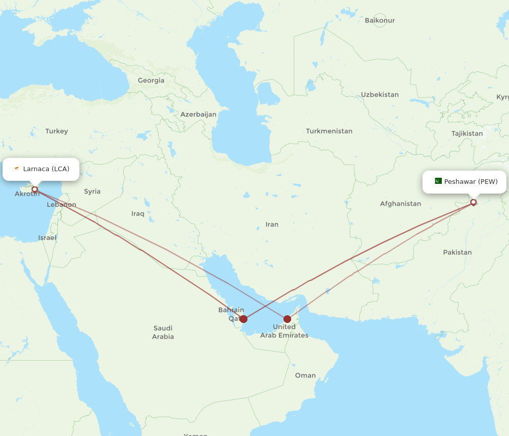 PEW-LCA flight routes