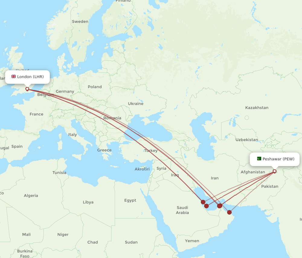 PEW-LHR flight routes