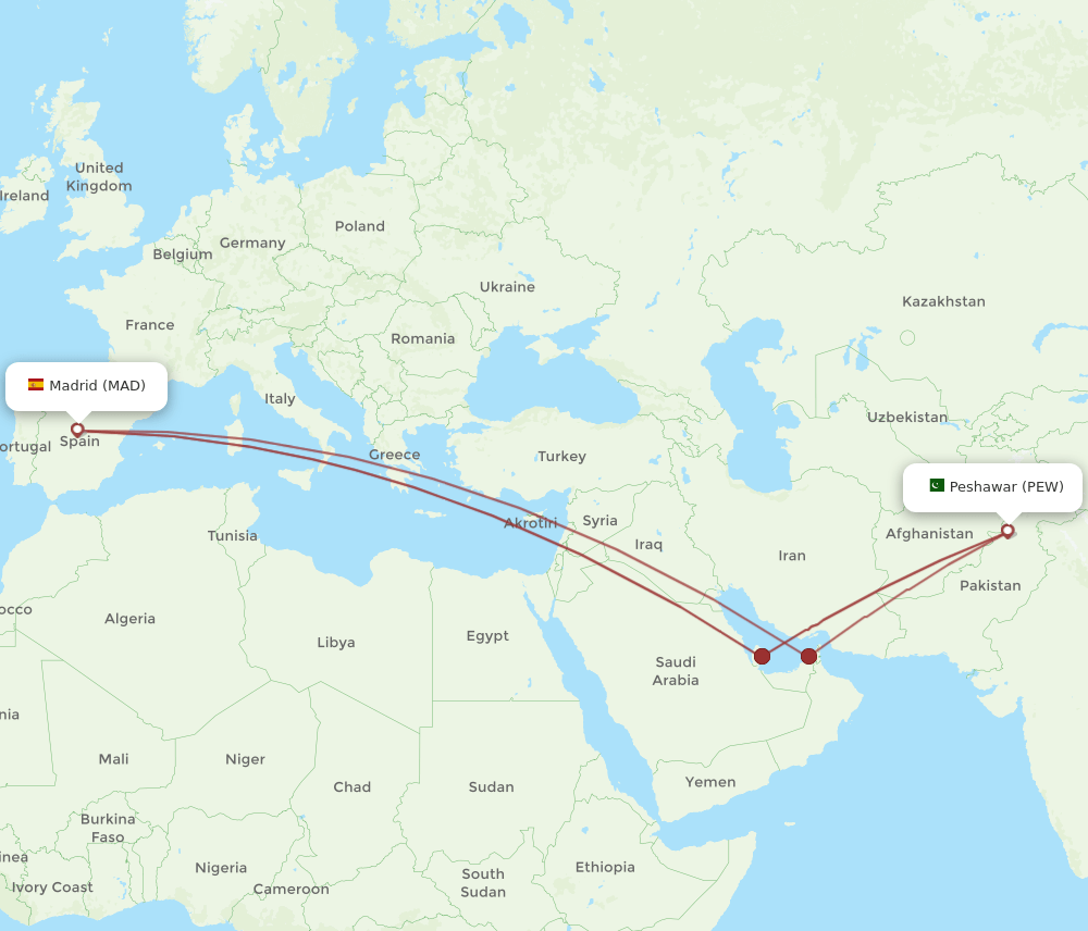 PEW-MAD flight routes
