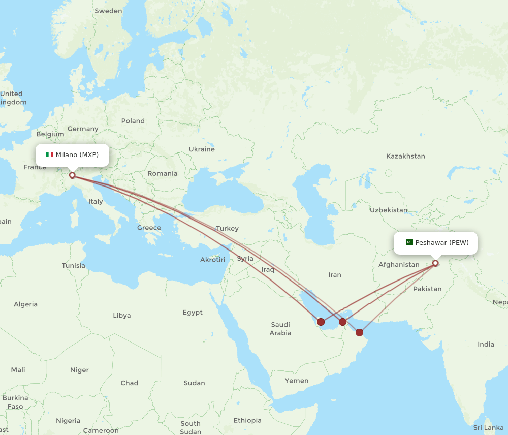 PEW to MXP flights and routes map