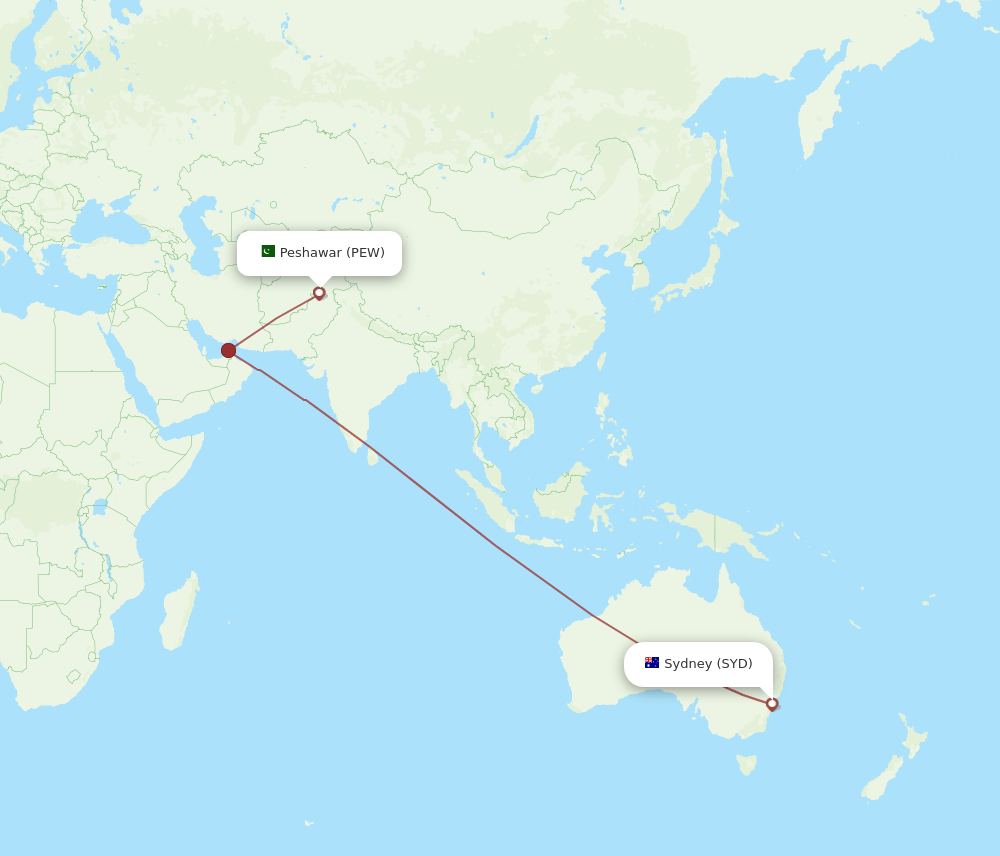 Sydney - Peshawar route map and flight paths
