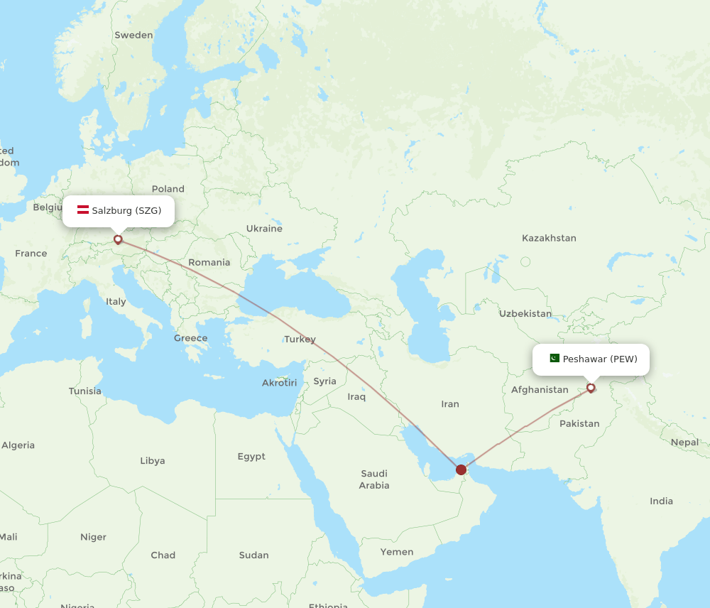 Salzburg - Peshawar route map and flight paths
