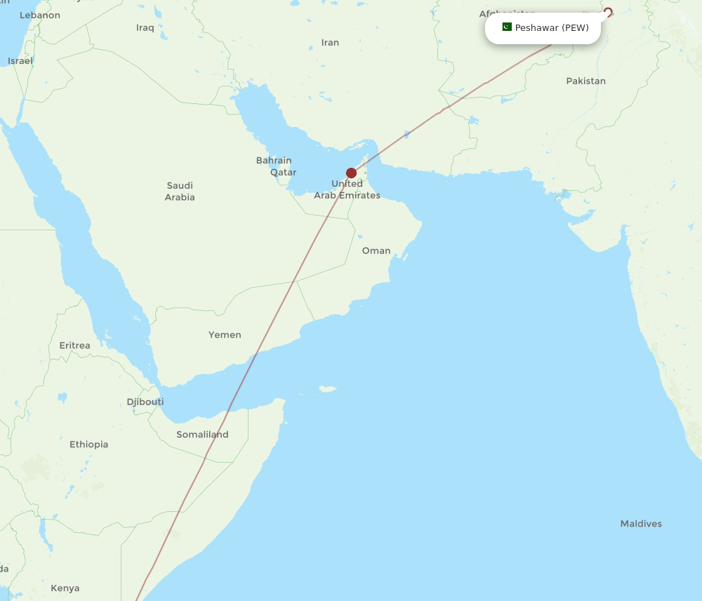Zanzibar - Peshawar route map and flight paths