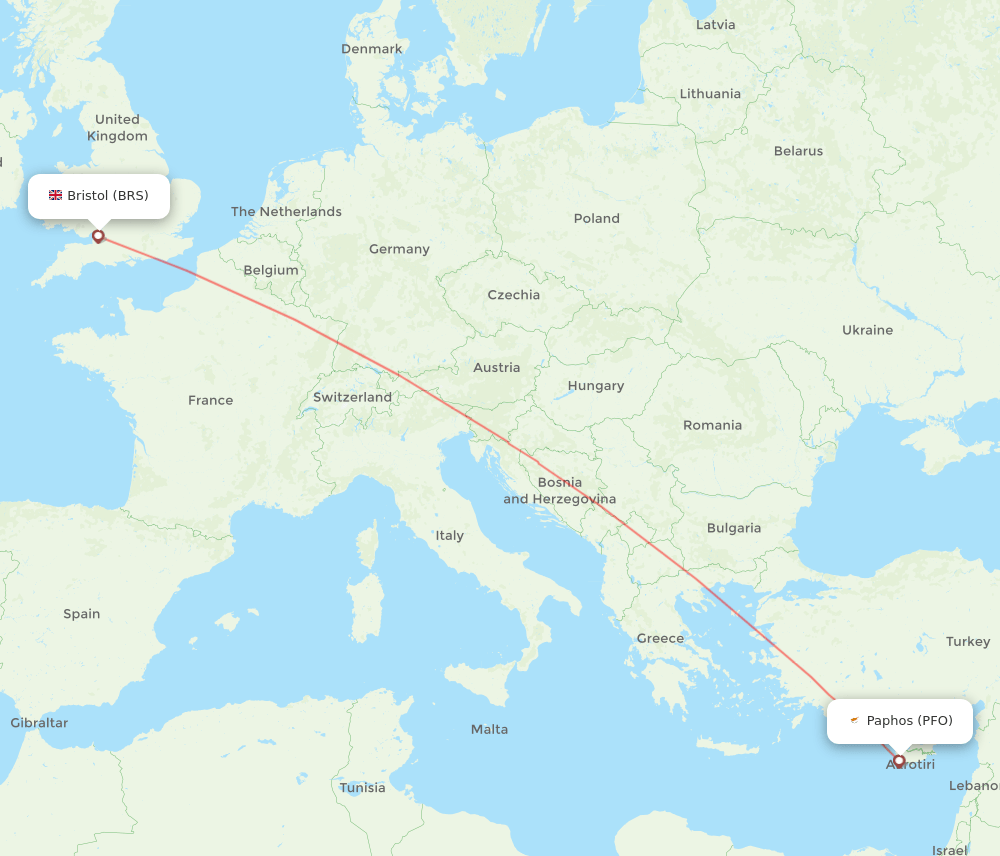 Paphos - Bristol route map and flight paths
