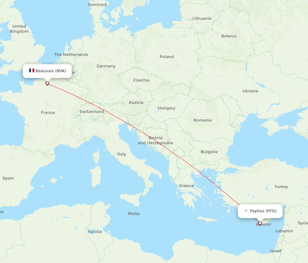 Paphos - Paris route map and flight paths
