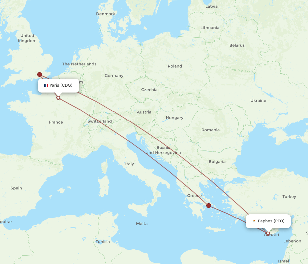 PFO to CDG flights and routes map