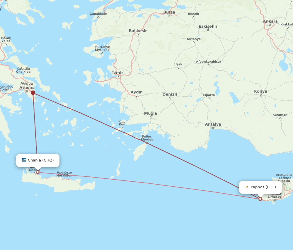 Paphos - Chania route map and flight paths