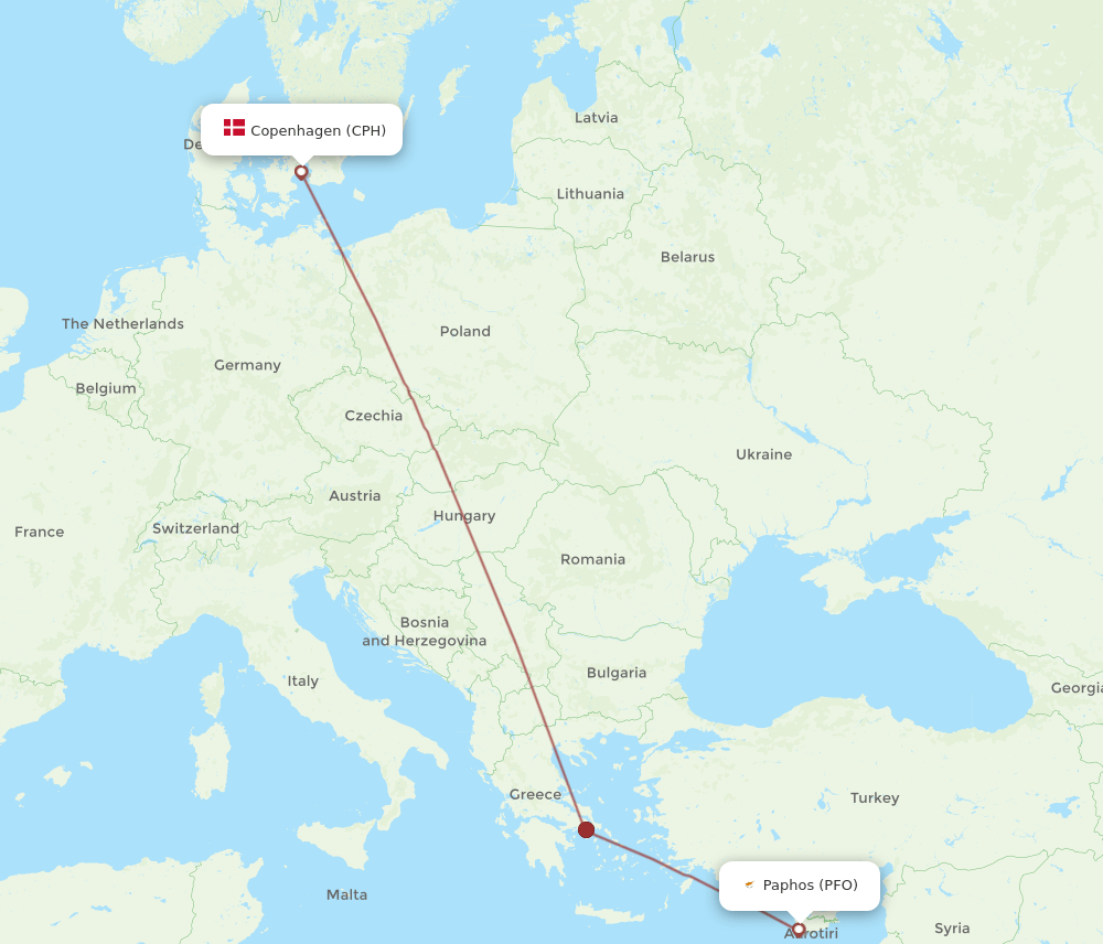 PFO to CPH flights and routes map