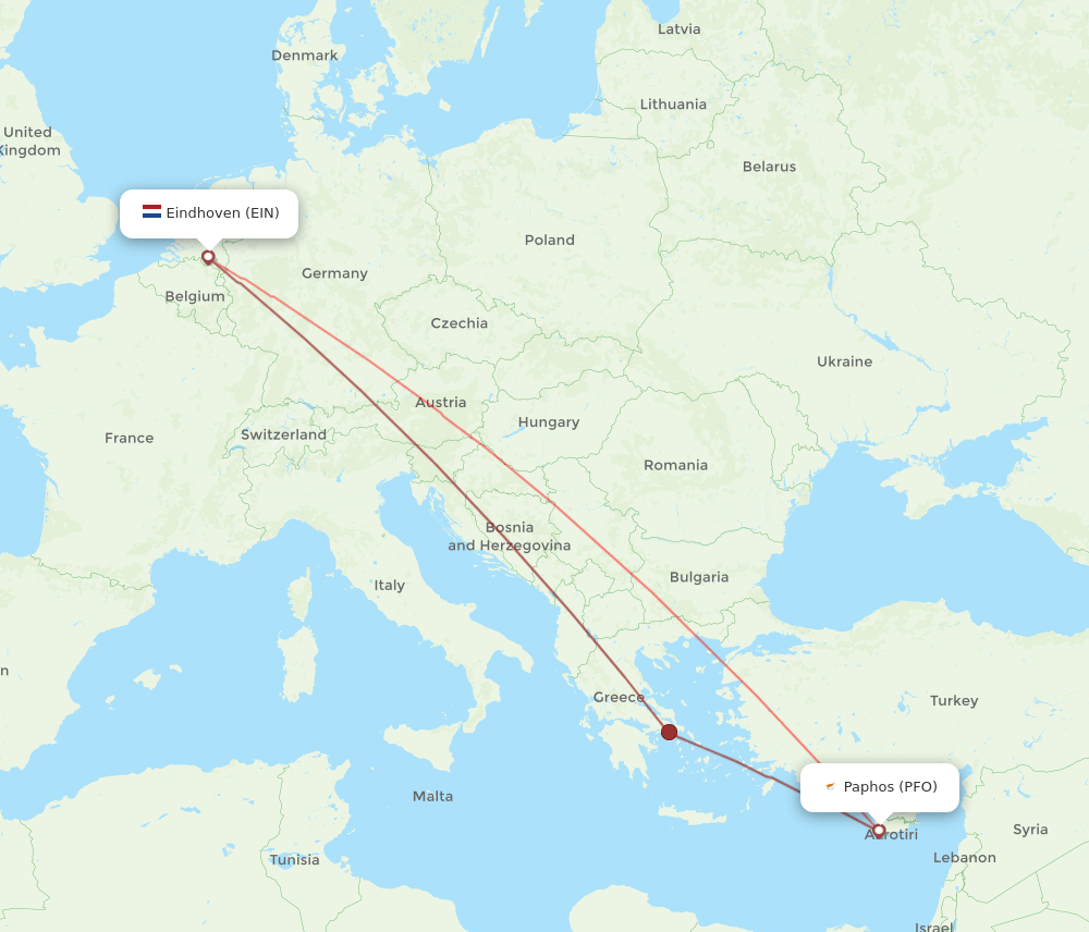 Paphos - Eindhoven route map and flight paths