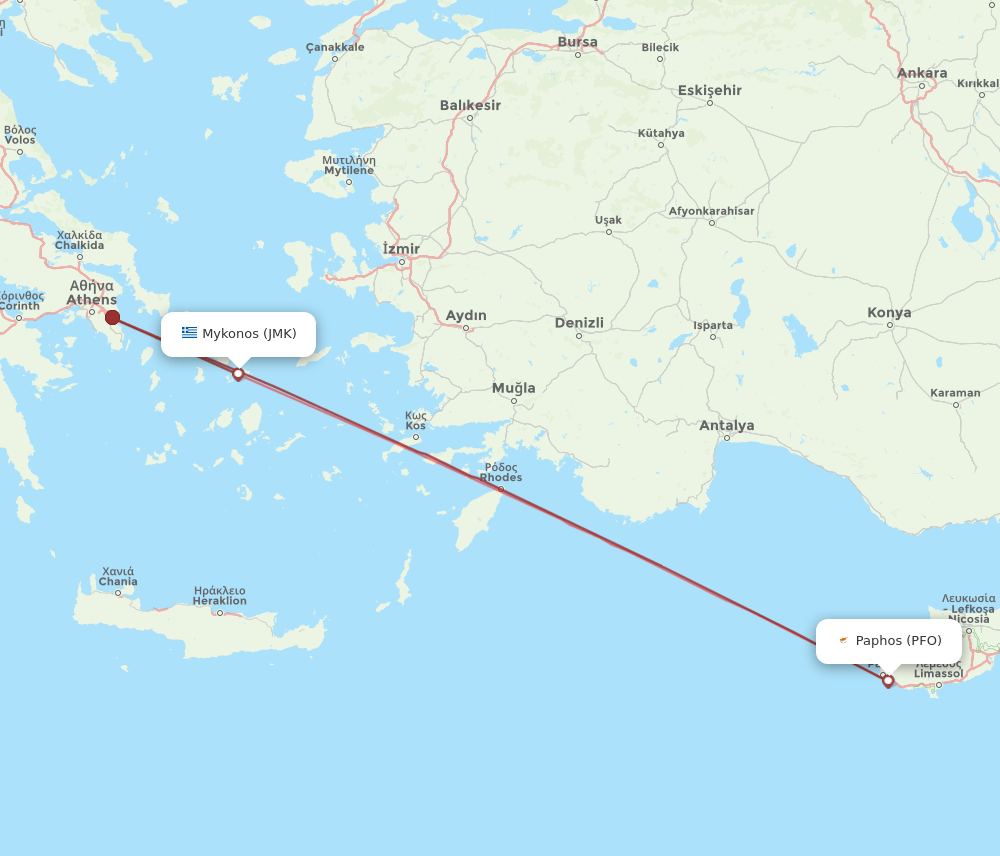 Paphos - Mykonos route map and flight paths