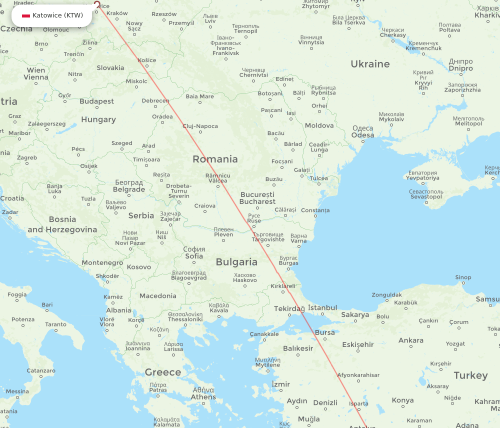 Paphos - Katowice route map and flight paths