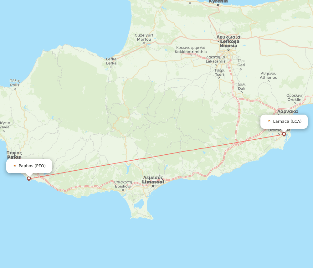 Larnaca - Paphos route map and flight paths