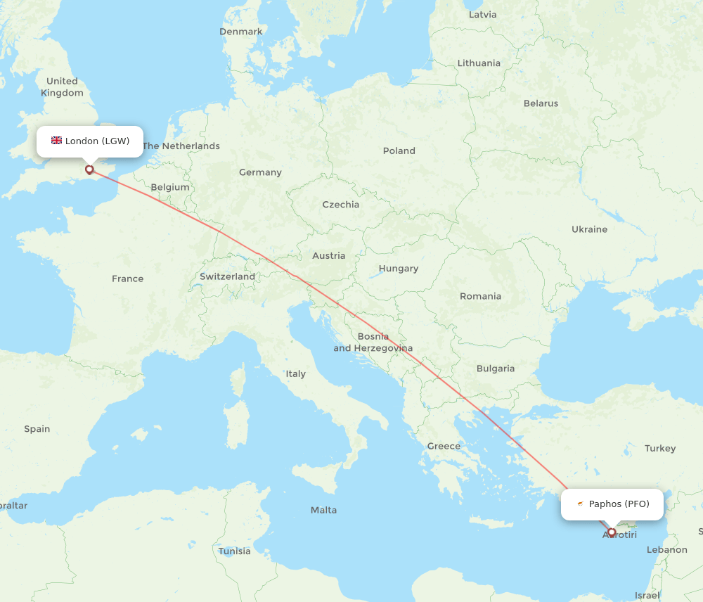 PFO to LGW flights and routes map