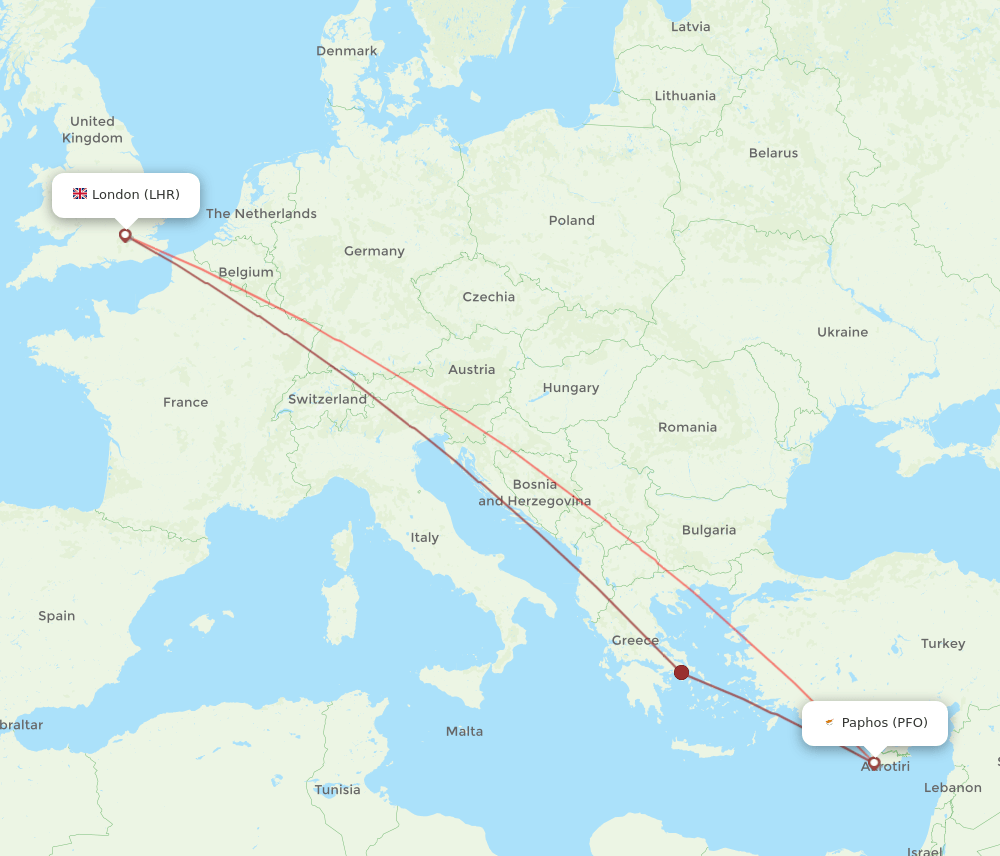 PFO to LHR flights and routes map