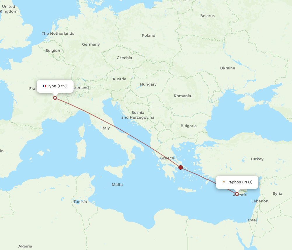 Paphos - Lyon route map and flight paths