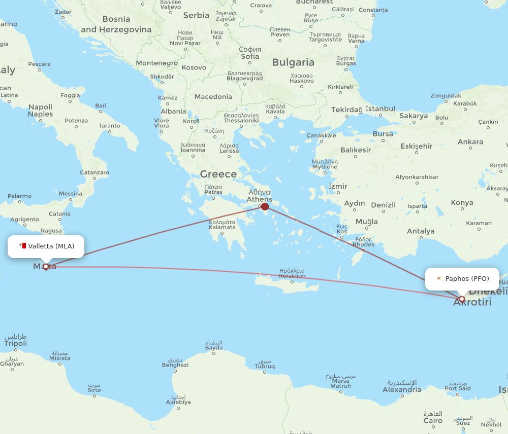 Paphos - Malta route map and flight paths