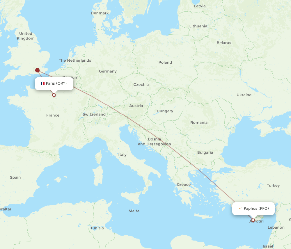 Paphos - Paris route map and flight paths