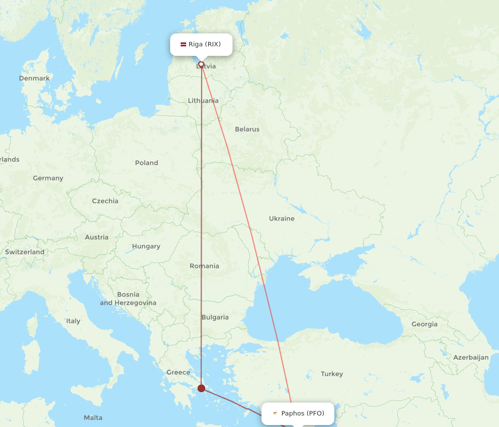 Paphos - Riga route map and flight paths