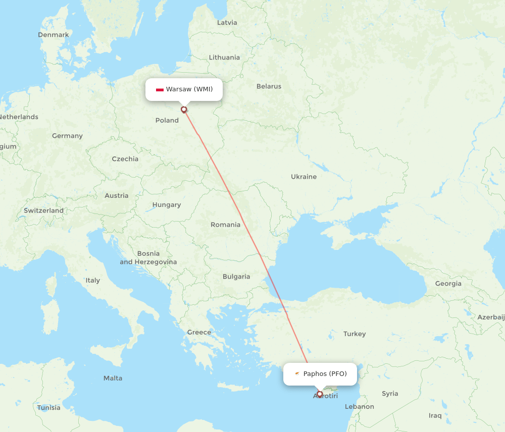 Paphos - Modlin route map and flight paths