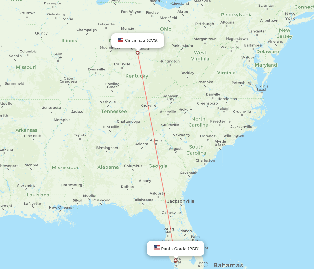 Punta Gorda - Cincinnati route map and flight paths