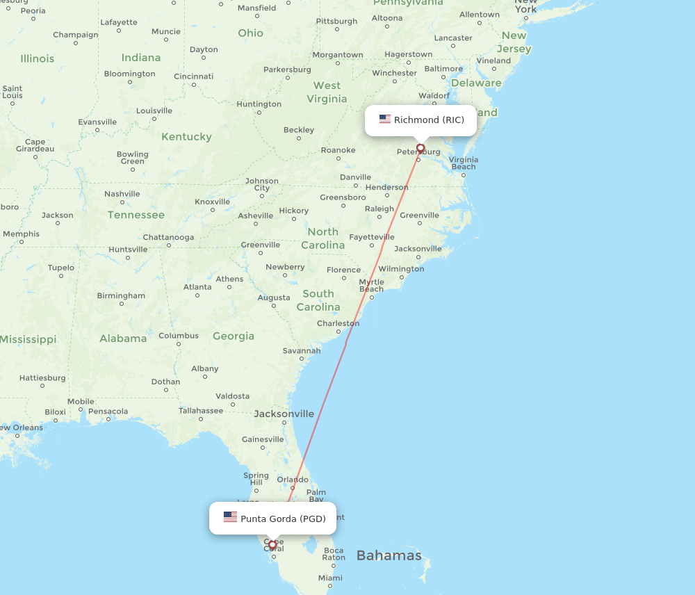 Punta Gorda - Richmond route map and flight paths