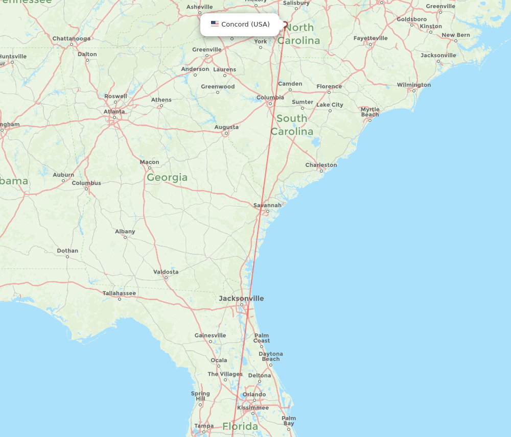 Punta Gorda - Concord route map and flight paths