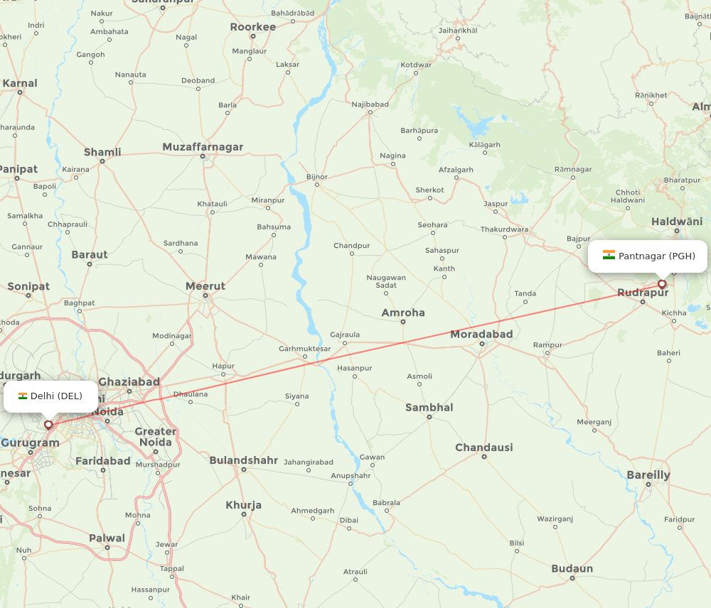 Pantnagar - Delhi route map and flight paths