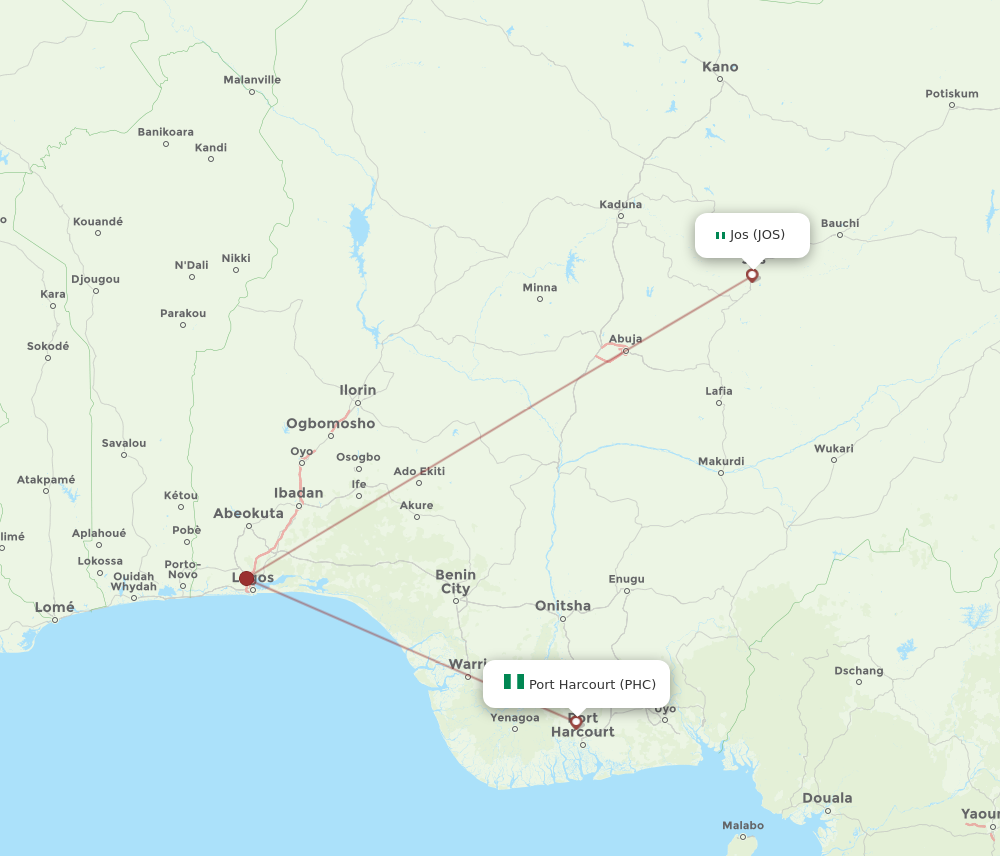 PHC to JOS flights and routes map