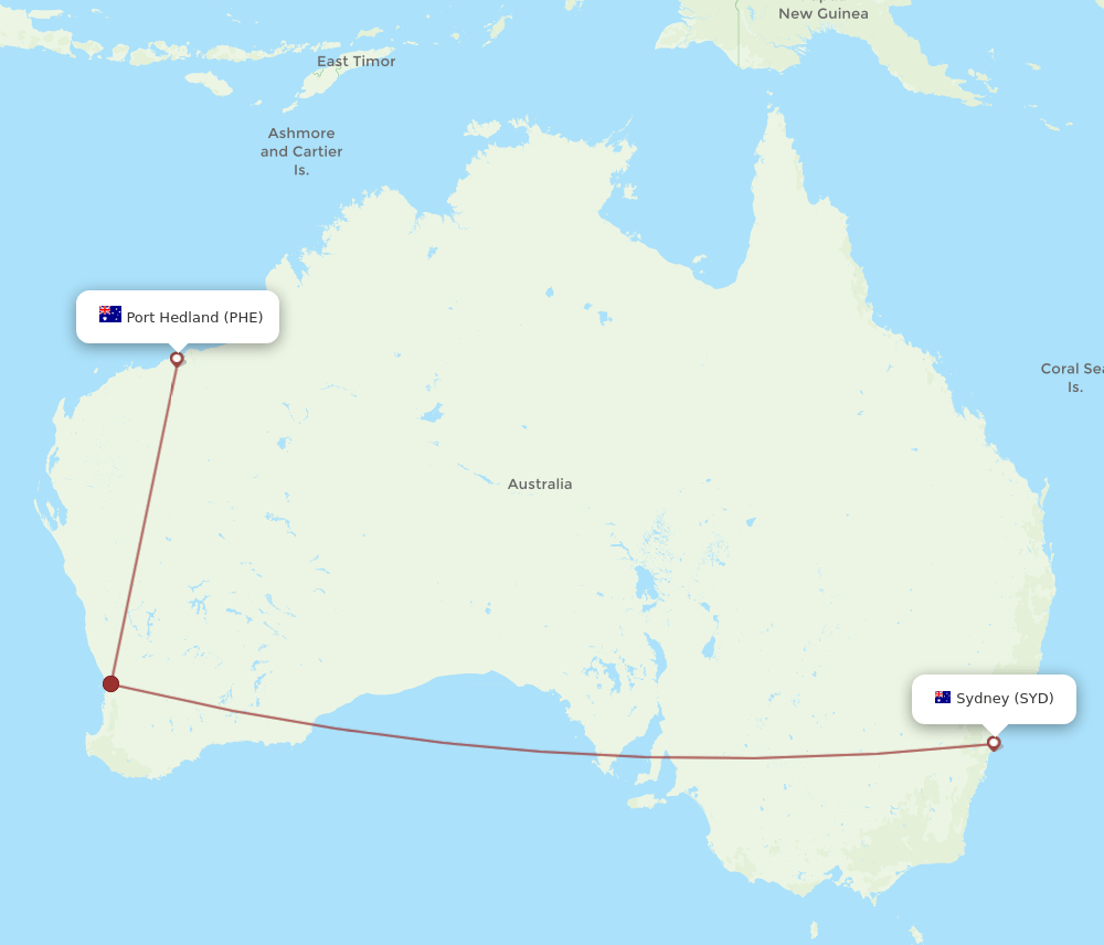 PHE-SYD flight routes