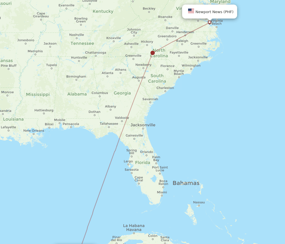PHF-CUN flight routes
