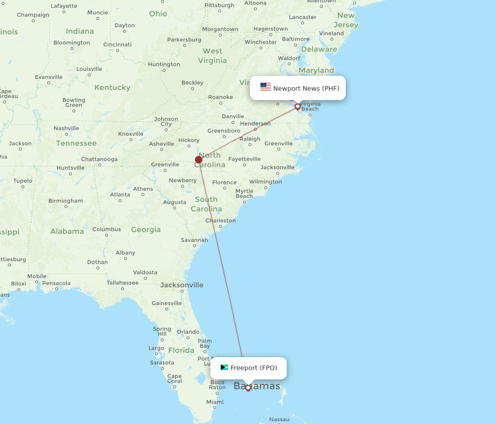 PHF to FPO flights and routes map