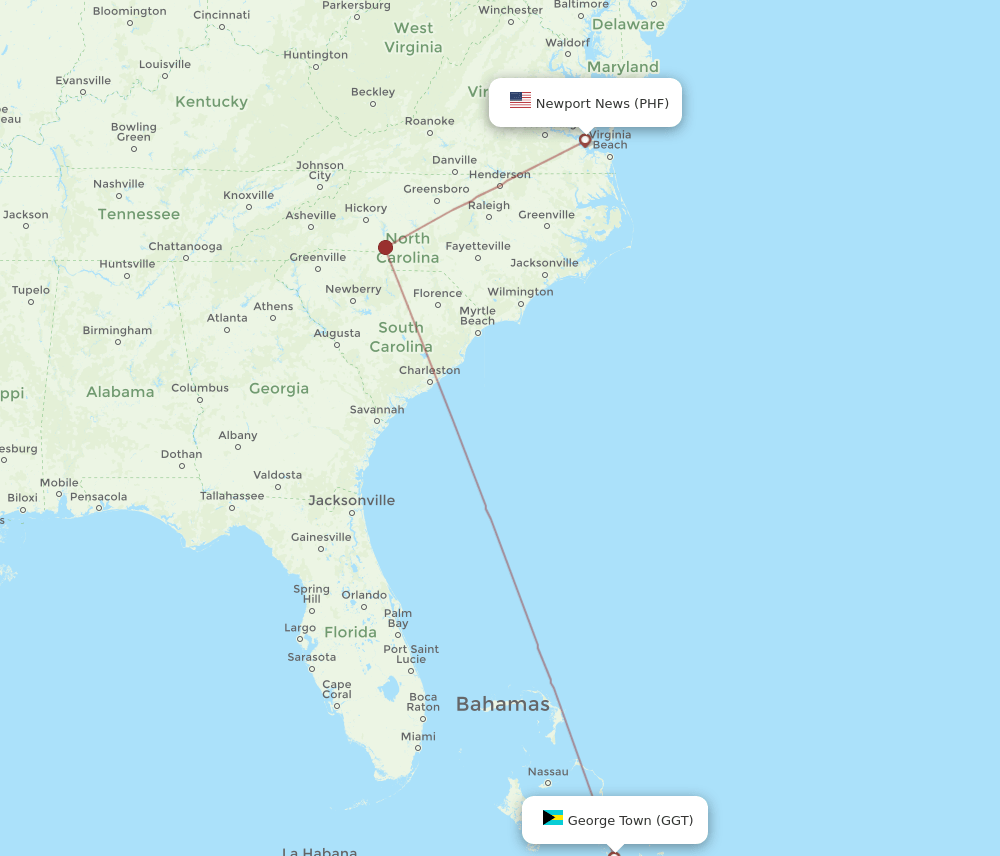 PHF to GGT flights and routes map