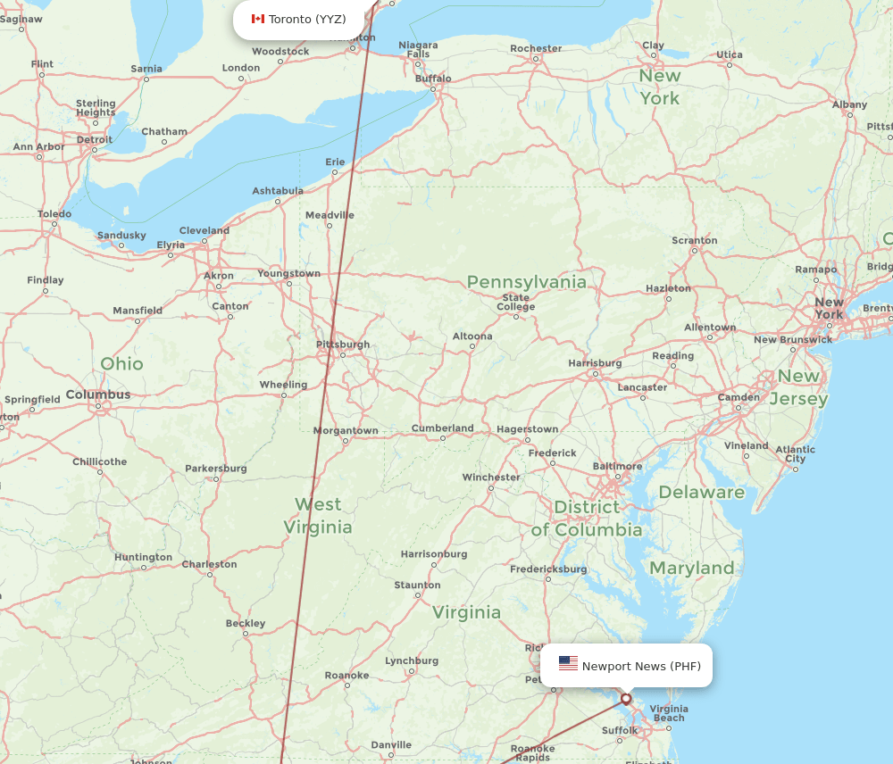 Toronto - Newport News route map and flight paths