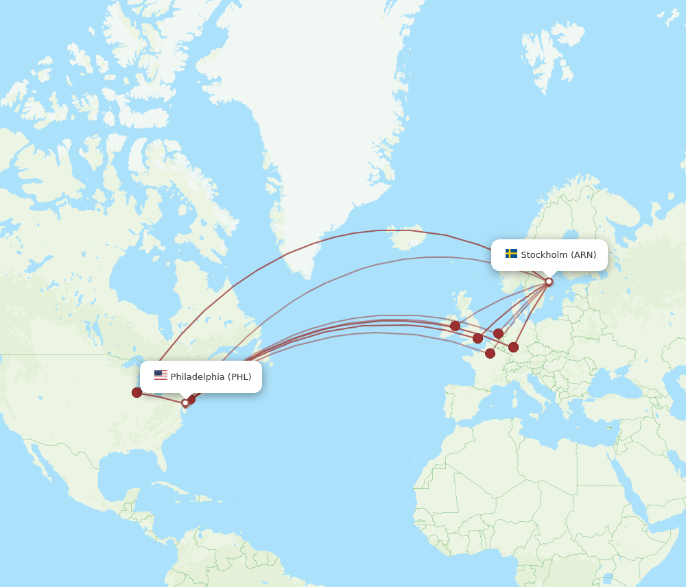 PHL to ARN flights and routes map