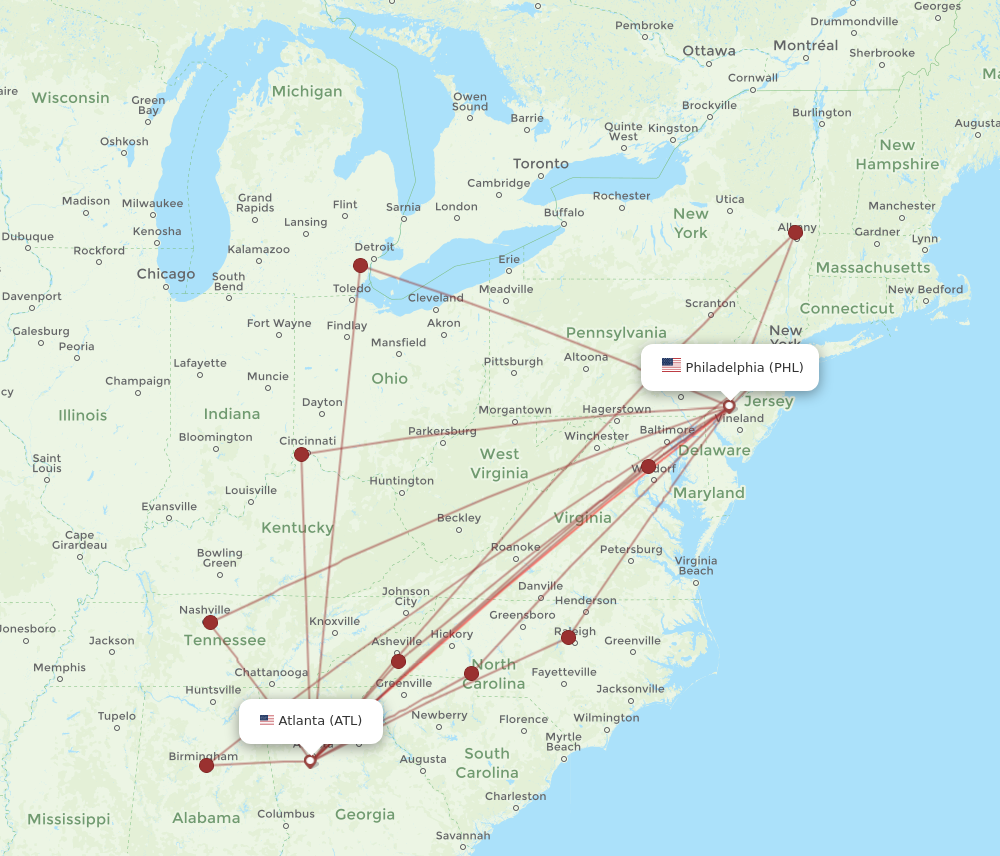 PHL to ATL flights and routes map