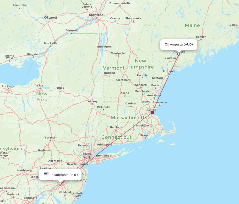 PHL to AUG flights and routes map