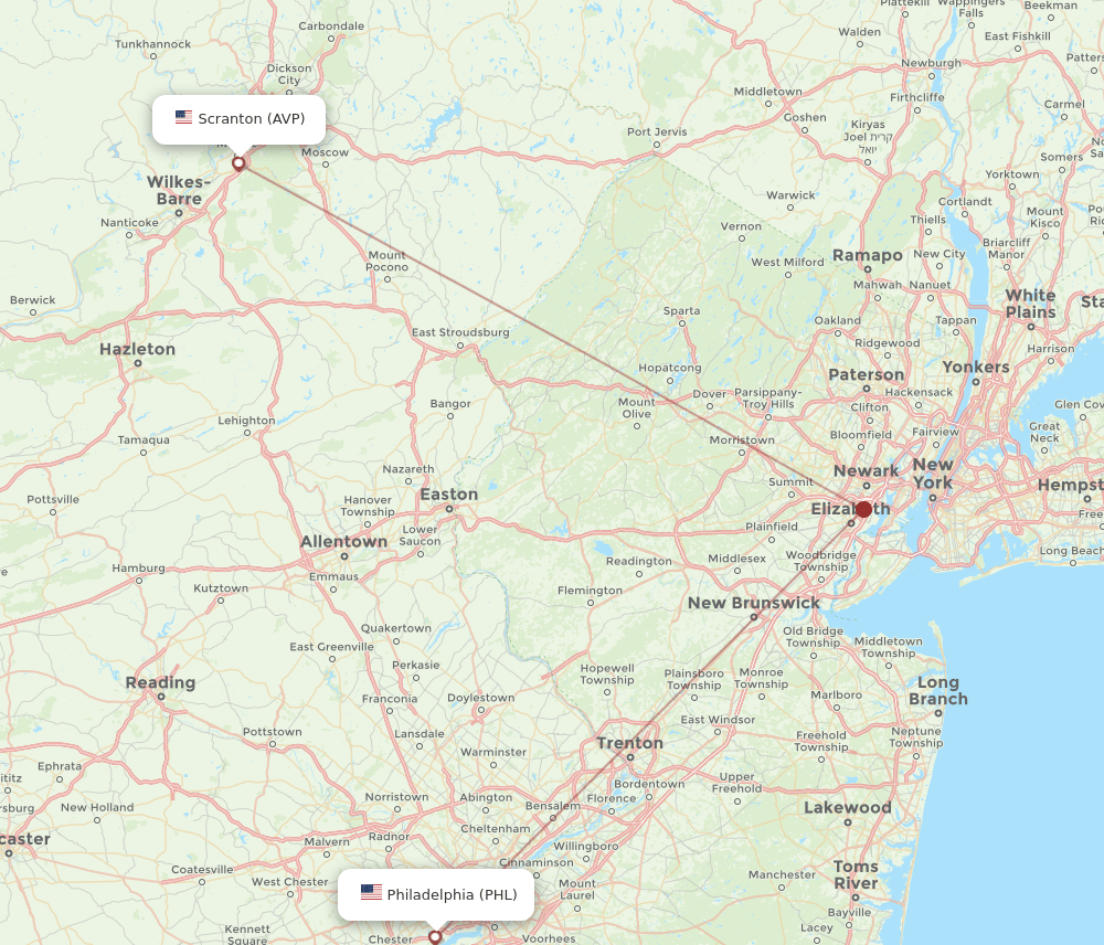 Philadelphia - Wilkes-Barre route map and flight paths