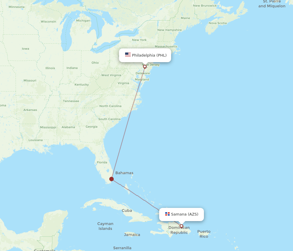 Philadelphia - El Catey/Samana route map and flight paths